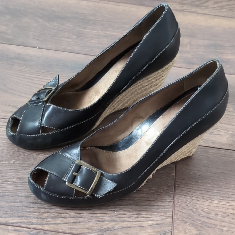 Leather Peep-Toe Wedge Heels with Buckle